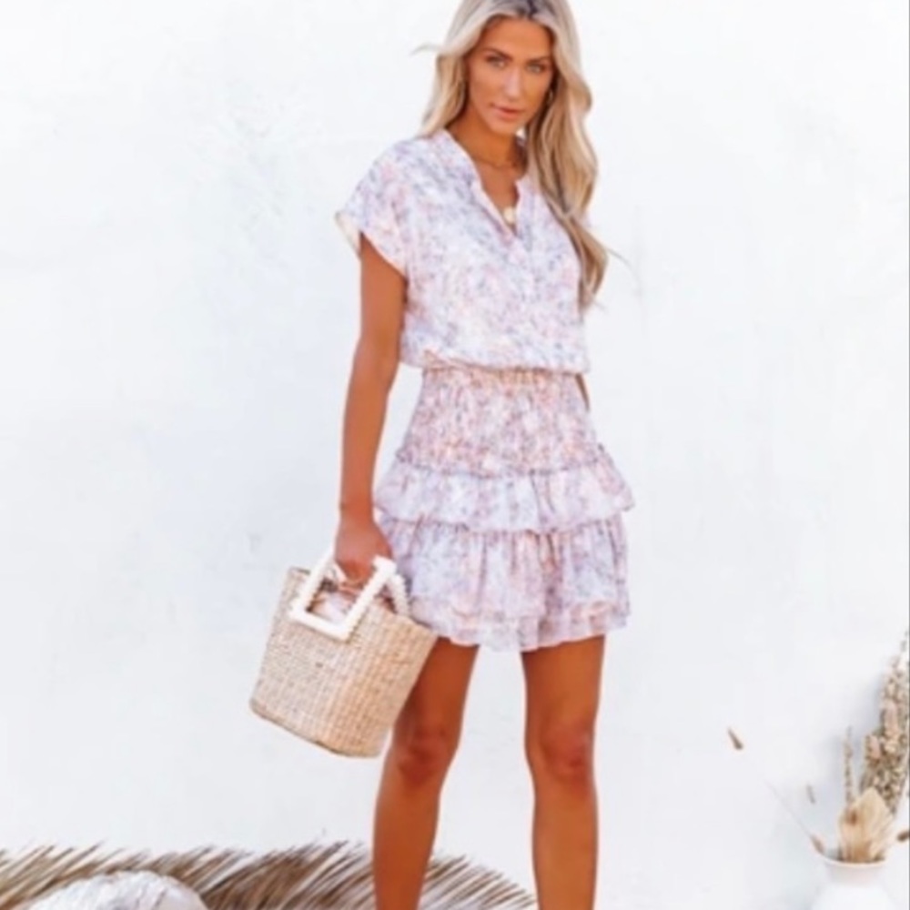 Vici Light Floral Mini Dress in Soft Pink and Cream